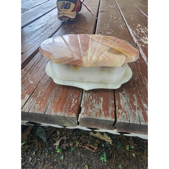 Vintage Onyx Marble Clam Shell‎ Footed Jewlelry Box Hinged Rare - Picture 6 of 10